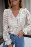 Beige Flower Lace V Neck Puff Sleeve Blouse For Women