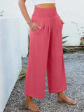 Wide Leg Smocked High Waist Pants With Pockets Polyester