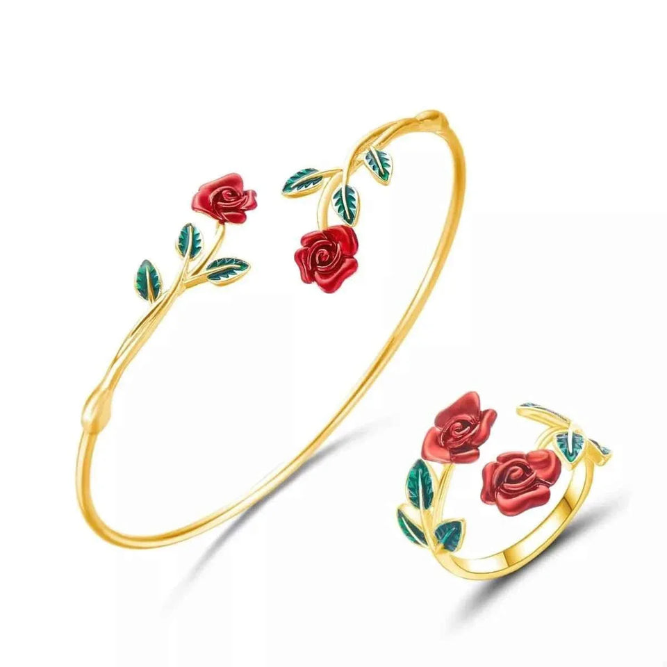Rose Bypass Ring and Bracelet Jewelry Set