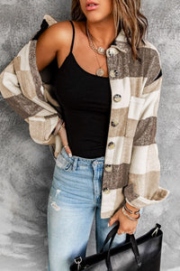 Khaki Plaid Color Block Shacket With Buttoned Pockets