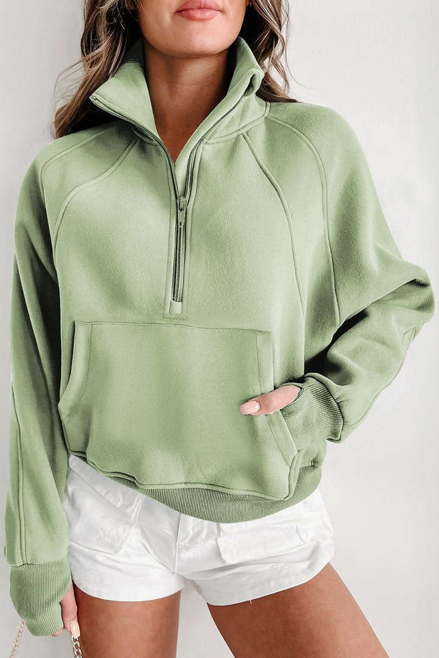 Green Zip Stand Collar Ribbed Thumbhole Sleeve Sweatshirt