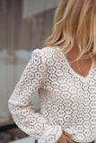 Beige Flower Lace V Neck Puff Sleeve Blouse For Women