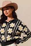 So Me Floral Stripe Polo Collar Sweater For Women Casual