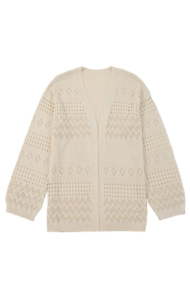 Smoke Gray Hollow Knit Cardigan With Eyelet Cutouts