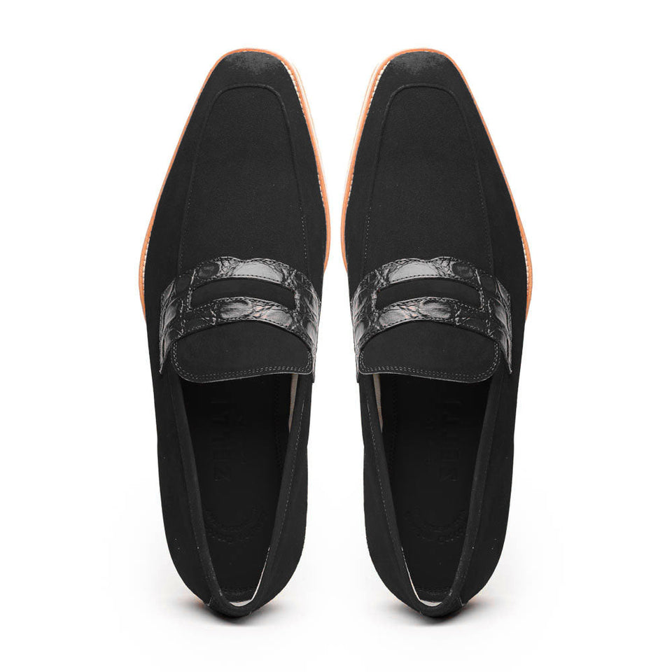 11-020-BLK MEO 3 Sueded Goatskin Penny Loafer, Black