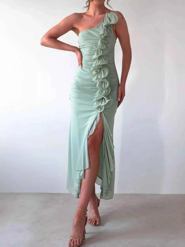 Stylish One-Shoulder Ruffle : Slit Dress