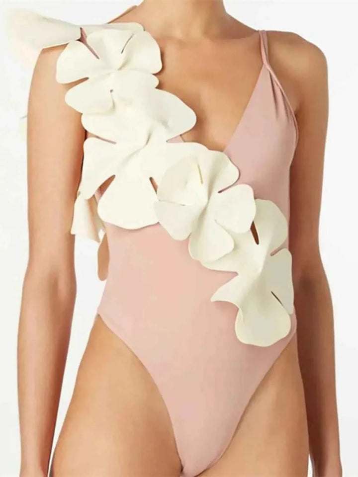 Contrast Flower Spaghetti Strap: One-Piece Swimwear