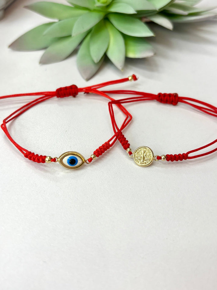 14K Solid Gold Red Cord Bracelet – Adjustable Protection Bracelet with Saint Benedict or Evil Eye - Wear with style