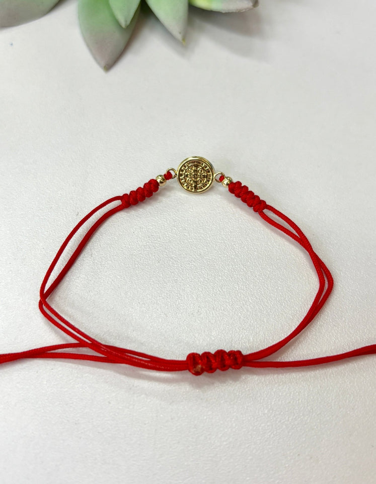 14K Solid Gold Red Cord Bracelet – Adjustable Protection Bracelet with Saint Benedict or Evil Eye - Wear with style