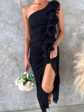 Stylish One-Shoulder Ruffle : Slit Dress