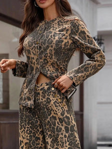 Leopard Button Up Long Sleeve Denim Shirt Slightly Stretchy