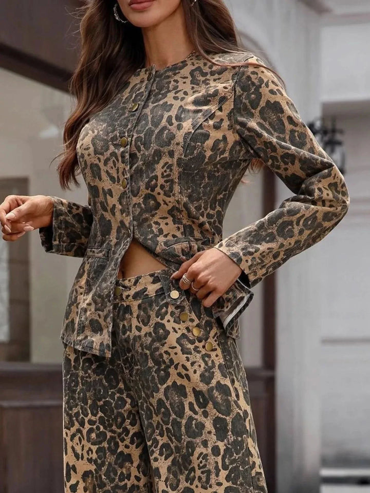 Leopard Button Up Long Sleeve Denim Shirt Slightly Stretchy