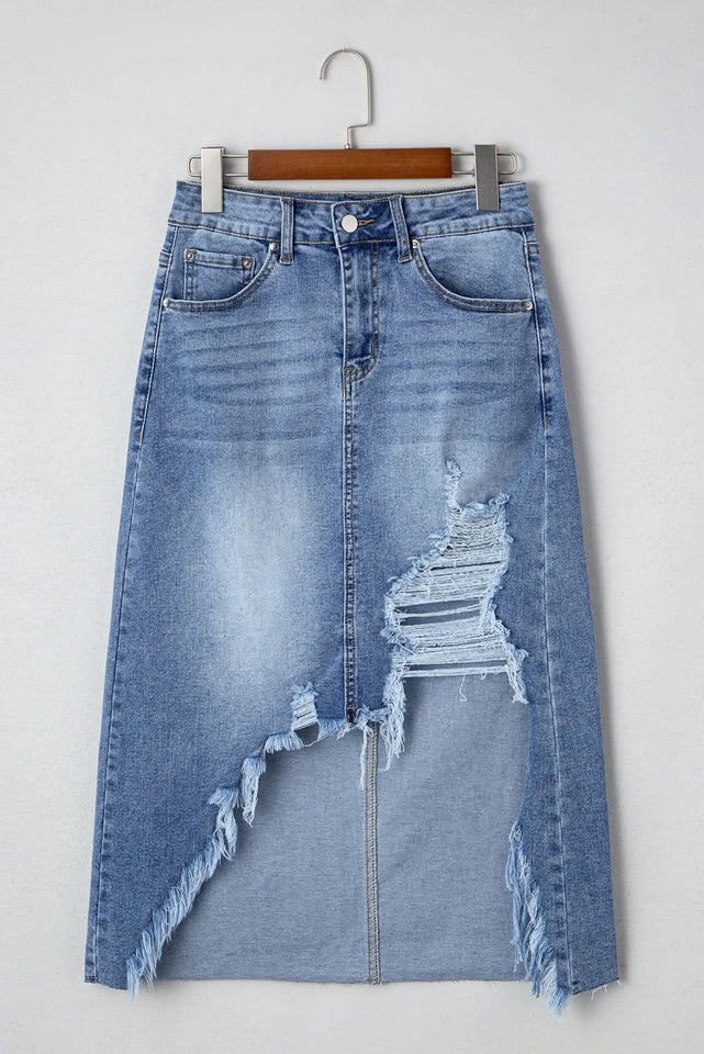 Myosotis Distressed Hem Denim Midi Skirt Irregular Look