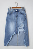 Myosotis Distressed Hem Denim Midi Skirt Irregular Look