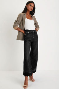 Black Raw Hem Loose Straight Leg High Waist Jeans Denim