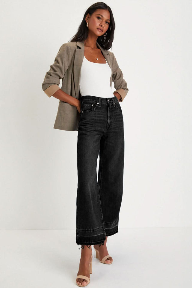 Black Raw Hem Loose Straight Leg High Waist Jeans Denim