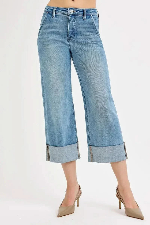 RISEN High Rise Ankle Wide Cuffed Jeans
