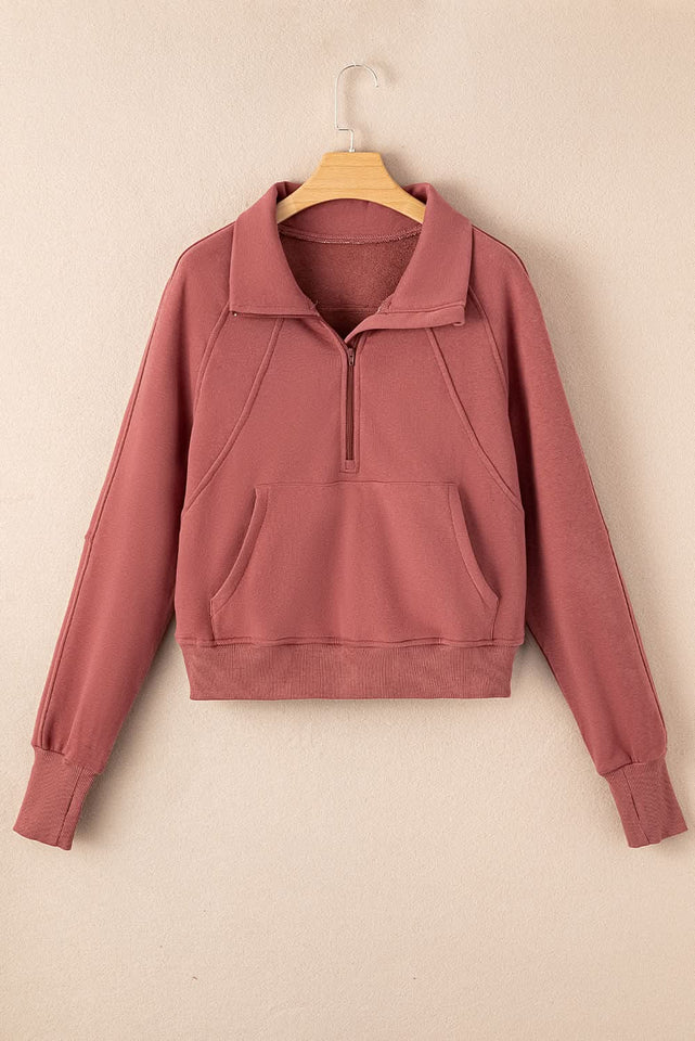 Green Zip Stand Collar Ribbed Thumbhole Sleeve Sweatshirt