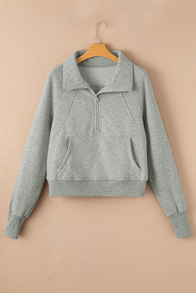 Green Zip Stand Collar Ribbed Thumbhole Sleeve Sweatshirt