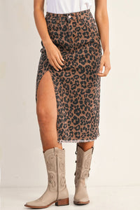 Brown Leopard Frayed Split Denim Midi Skirt With Pockets