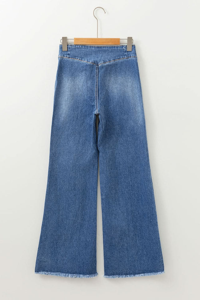 Sail Blue High Waist Jeans With Button Fly And Raw Hem
