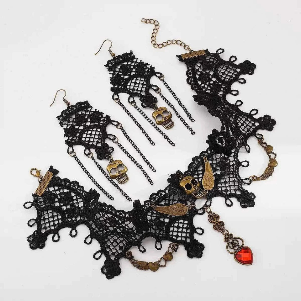 Halloween Lace Skull Necklace : Earrings Jewelry Set