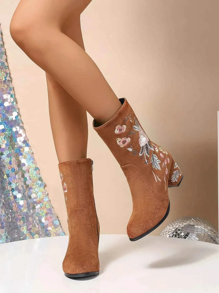 Floral Embroidered : Block Heel Boots