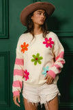 BiBi Colorful Floral Patched Sweater With Striped Sleeves