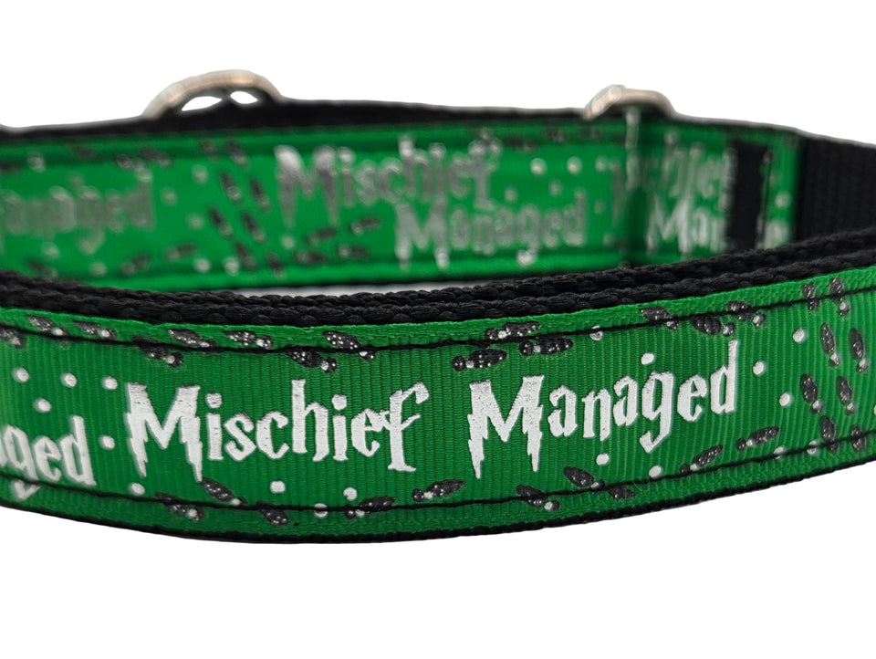 Mischief Managed Red, Blue, or Green Dog Collar - 1 inch