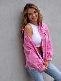 Distressed Drop Shoulder Fringe Denim Jacket Cotton Blend