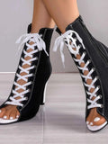 Canvas Lace-Up Peep Toe : Stiletto Ankle Boots