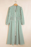 Green Striped V Neck Zip Front Midi Dress Cinched Waist