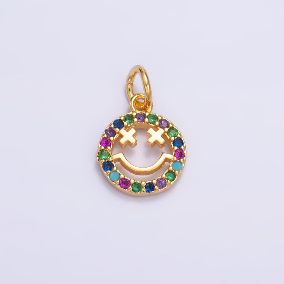 24K Gold Filled Multicolor Micro Paved CZ Smiley Face Charm in Gold & Silver | W867 - Wear with style