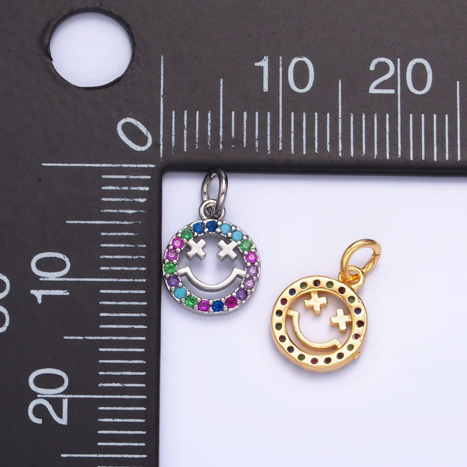 24K Gold Filled Multicolor Micro Paved CZ Smiley Face Charm in Gold & Silver | W867 - Wear with style