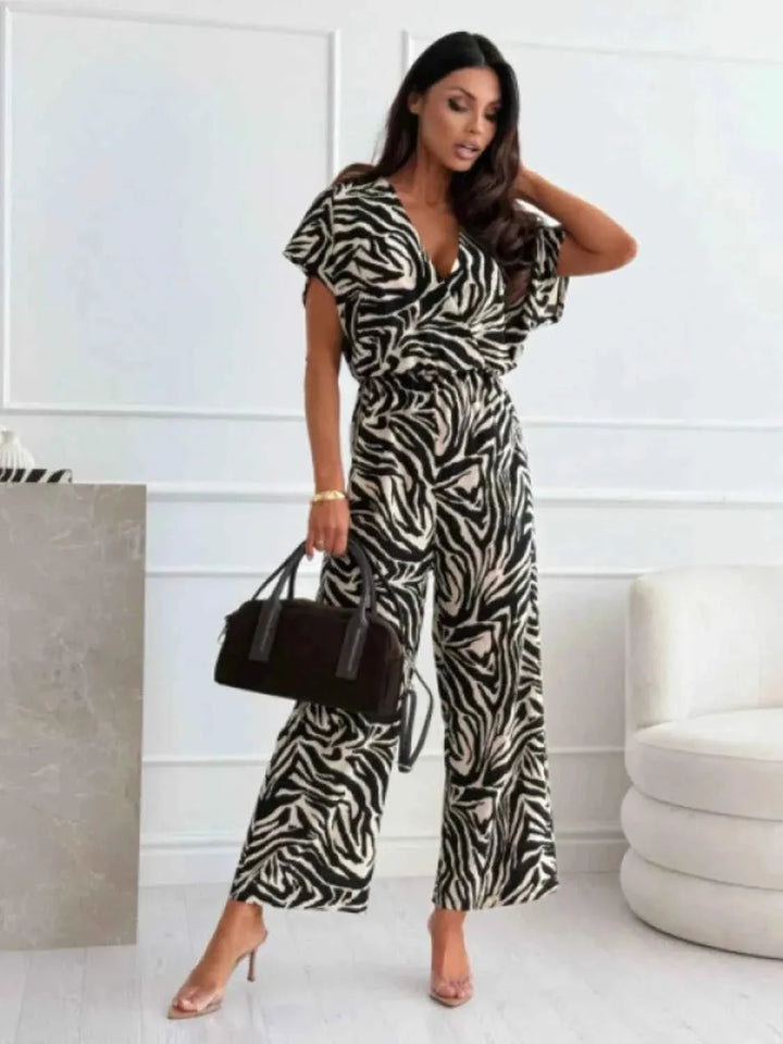 Leopard Print Short Sleeve : Wide Leg Jumpsuit