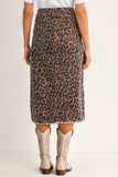 Brown Leopard Frayed Split Denim Midi Skirt With Pockets