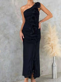 Stylish One-Shoulder Ruffle : Slit Dress