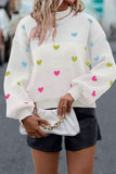 Multicolor Heart Pattern Colorblock High Neck Sweater