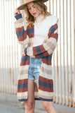 Dark Blue Color Block Striped Cutout Knit Cardigan