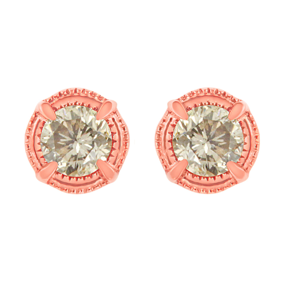 14K Yellow Gold Plated .925 Sterling Silver 1.0 Cttw Round Brilliant Cut Diamond Solitaire Milgrain Stud Earrings (K-L Color, I2-I3 Clarity)