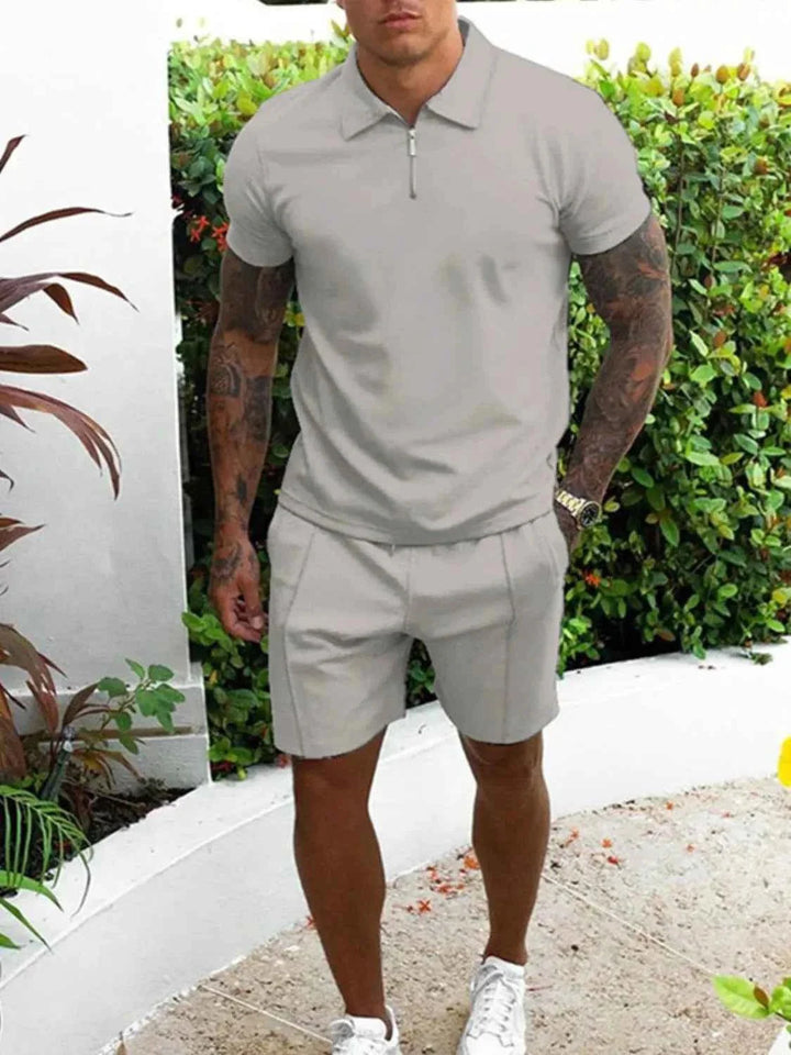 Men's Plus Size Collared Neck Outfits with Full Size Top and Shorts Set