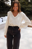 Beige Flower Lace V Neck Puff Sleeve Blouse For Women