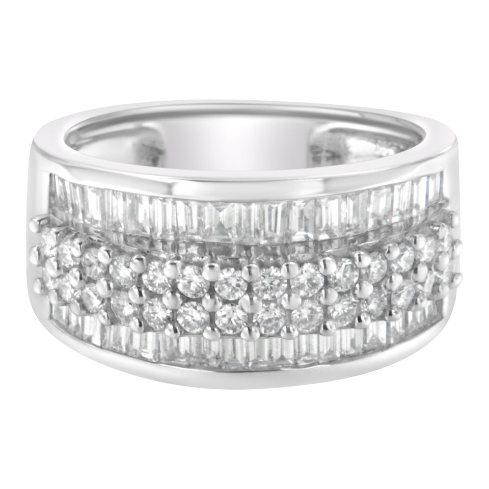 14K White Gold Round and Baguette Diamond Ring (1 1/2 Cttw, F-G Color, SI1-SI2 Clarity) - Size 6-3/4