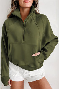Green Zip Stand Collar Ribbed Thumbhole Sleeve Sweatshirt