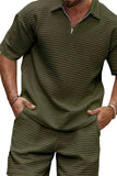 Men's Full Size Zip Collar Short Sleeve Top and Shorts Set Plus Size