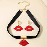 Rhinestone Lip Earrings and Necklace Jewelry Set