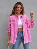 Distressed Drop Shoulder Fringe Denim Jacket Cotton Blend