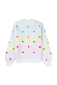Multicolor Heart Pattern Colorblock High Neck Sweater