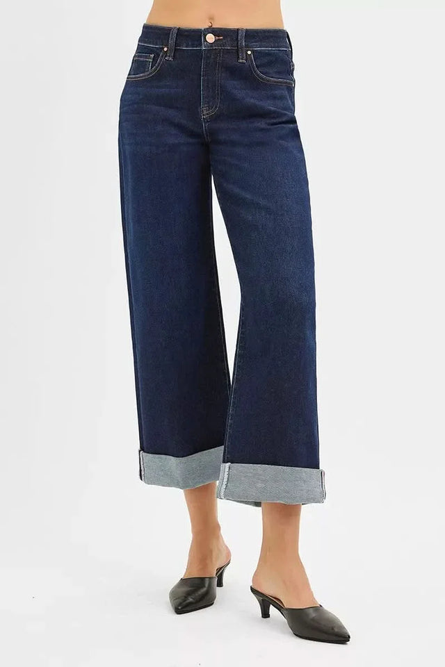 Risen Mid Rise Ankle Jeans With Wide Roll Up Cuffs Details