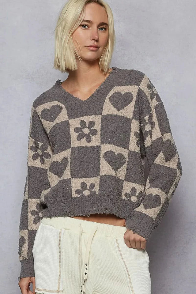 Pol V Neck Heart Pattern Checkered Sweater Oversized